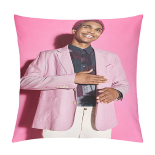 Personality  Handsome Young Man Acting Unnaturally Like Doll Smiling And Posing On Pink Backdrop Pillow Covers