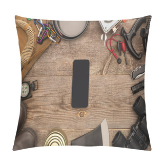Personality  Top View Of Smartphone With Black Screen Near Hiking Equipment On Wooden Table Pillow Covers