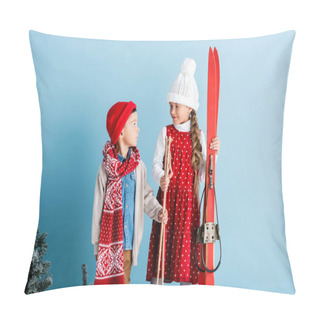 Personality  Girl In Hat Looking At Boy While Holding Ski Poles And Skis On Blue Pillow Covers