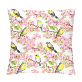 Personality  Cherry Blossom - Apple, Sakura Flowers, Cute Birds. Floral Seamless Background. Watercolor Pillow Covers