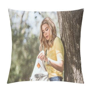 Personality  Side View Of Young Woman Looking For Something In Backpack In Forest Pillow Covers