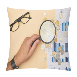 Personality  Cropped View Of Man Holding Magnifying Glass And Looking At Coins Pillow Covers