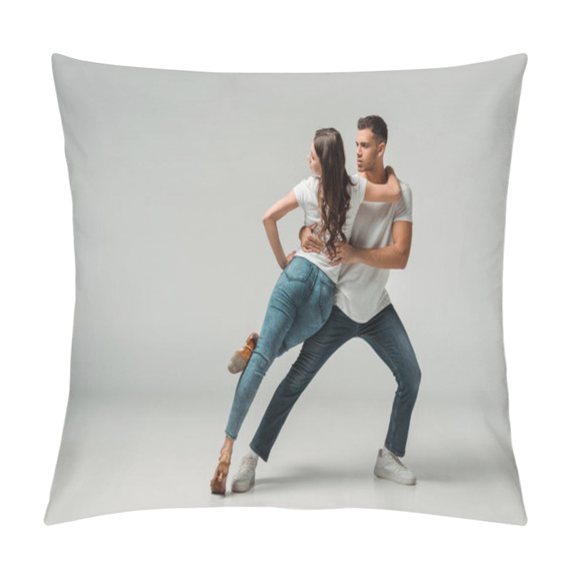 Personality  dancers in t-shirts and jeans dancing bachata on grey background  pillow covers