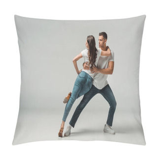 Personality  Dancers In T-shirts And Jeans Dancing Bachata On Grey Background  Pillow Covers
