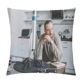Personality  Thoughtful Engineer Sitting At Table With Rocket Model At Home And Looking Away Pillow Covers
