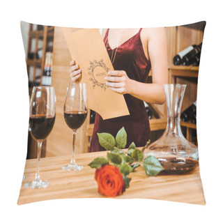 Personality  Cropped Shot Of Woman In Red Dress Reading Menu Card At Wine Store Pillow Covers