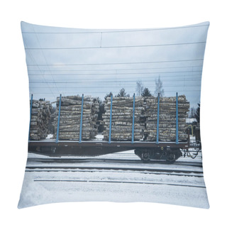 Personality  The Train Carries Birch Firewood In Winter. Railway Car Carrying Birch Logs. Firewood Preparation. Pillow Covers