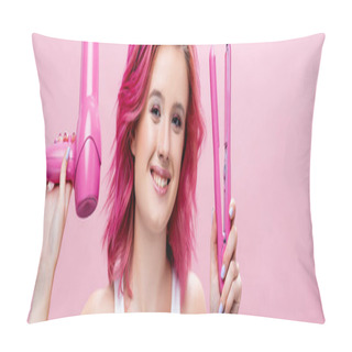 Personality  Young Woman With Colorful Hair Holding Straightener And Hairdryer Isolated On Pink, Panoramic Shot Pillow Covers