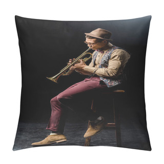 Personality  Stylish Mixed Race Male Musician Playing On Trumpet While Sitting On Chair On Black  Pillow Covers