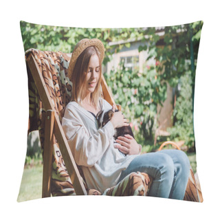 Personality  Smiling Blonde Girl In Straw Hat Holding Puppy While Sitting In Deck Chair In Garden Pillow Covers