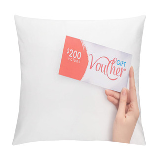 Personality  Top View Of Woman Holding Gift Voucher With Dollar Sign And Values Lettering On White Background Pillow Covers