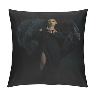 Personality  Mysterious Woman In Costume Of Winged Creature Standing With Praying Hands On Black, Demonic Beauty Pillow Covers