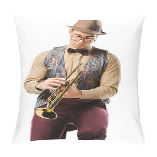 Personality  Young Male Jazzman Holding Trumpet And Sitting On Chair Isolated On White Pillow Covers