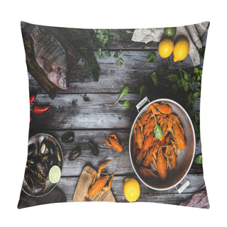 Personality  Top View Of Various Delicious Seafood On Rustic Wooden Table  Pillow Covers