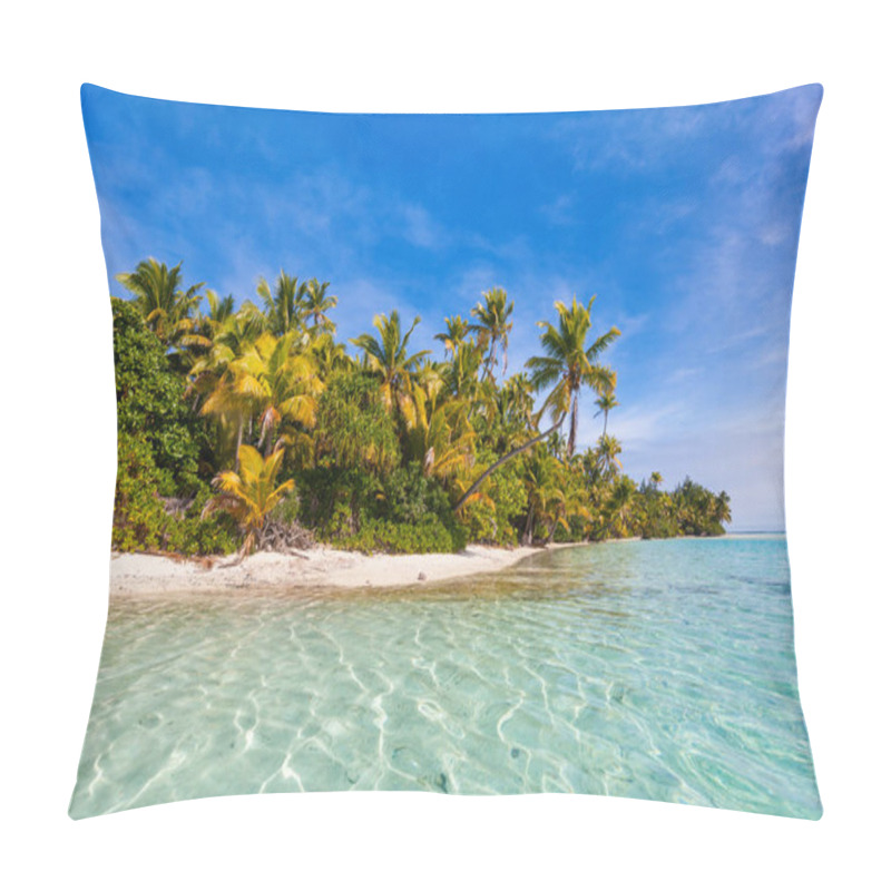 Personality  Stunning Tropical Aitutaki One Foot Island With Palm Trees, White Sand, Turquoise Ocean Water And Blue Sky At Cook Islands, South Pacific Pillow Covers