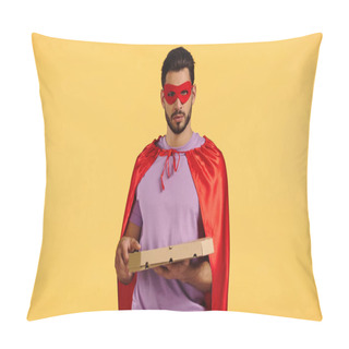 Personality  Bearded Man In Superhero Costume Holding Pizza Box Isolated On Yellow Pillow Covers