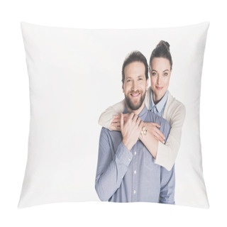 Personality  Portrait Of Woman Hugging Smiling Husband Isolated On White Pillow Covers