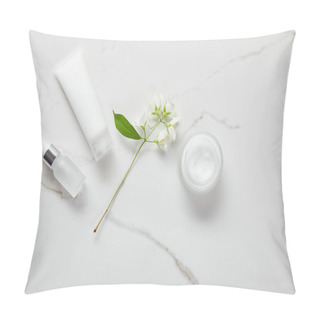 Personality  Top View Of Cosmetic Glass Bottle, Jar With Cream, Moisturizer Tube And Jasmine On White Surface Pillow Covers