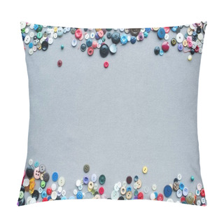 Personality  Top View Of Colorful Buttons Frame On Grey Cloth Background Pillow Covers
