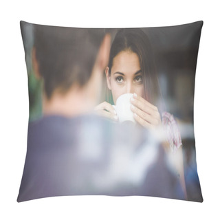 Personality  Young Couple On First Date Drinking Coffee Pillow Covers