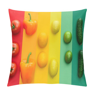 Personality  Top View Of Ripe Bell Peppers, Oranges And Limes On Colored Surface Pillow Covers