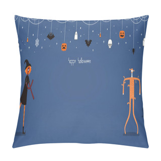 Personality  Halloween Banner With Dancing People In Costumes And Bunting With Text. Hand Drawn Vector Illustration. Pillow Covers