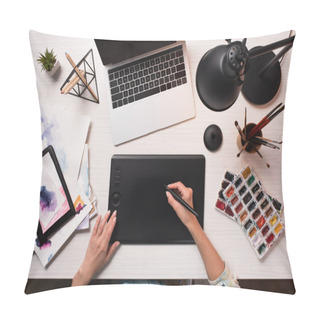 Personality  Office Desk With Laptop, Art Supplies And Cropped View Of Designer Using Graphics Tablet And Pen, Flat Lay Pillow Covers