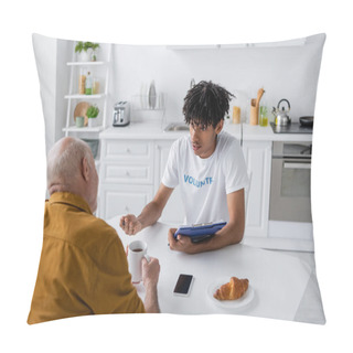 Personality  African American Volunteer With Clipboard Talking To Senior Man With Tea In Kitchen  Pillow Covers
