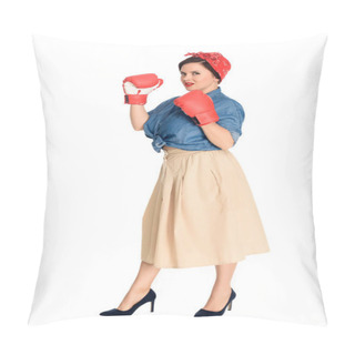 Personality  Full Length View Of Beautiful Size Plus Pin Up Model In Boxing Gloves Looking At Camera Isolated On White Pillow Covers