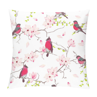 Personality  Red Bullfinches On Magnolia Tree Vector Seamless Print Pillow Covers