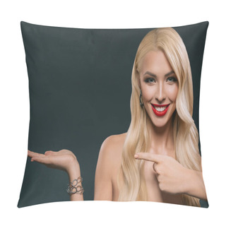 Personality  Beautiful Smiling Woman Pointing And Presenting At Copy Space, Isolated On Black Pillow Covers