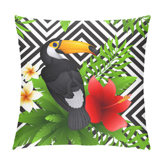 Personality  Vector Tropical Pattern With Toucan And  Hibiscus, Frangipani Flower, Palm Leaves , Black And White Geometric Background Pillow Covers