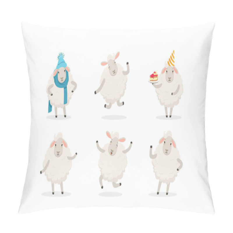 Personality  Cute Cartoon Sheep Vector Set. Farm Wooly Character Wearing Warm Clothing Pillow Covers