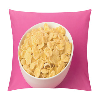 Personality  Close-up View Of White Bowl With Sweet Healthy Corn Flakes Isolated On Pink  Pillow Covers