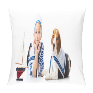 Personality  Panoramic Shot Of Boy In Sailor Suit With Toy Ship And Beagle Dog On White Pillow Covers
