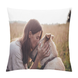 Personality  Human And A Dog. Girl And Her Friend Dog On The Straw Field Background. Beautiful Young Woman Relaxed And Carefree Enjoying A Summer Sunset With Her Lovely Dog Pillow Covers