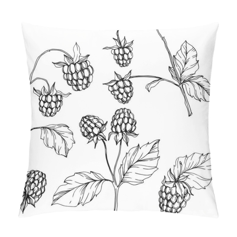 Personality  Vector Raspberry healthy food isolated. Black and white engraved ink art. Isolated berries illustration element. pillow covers