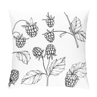 Personality Vector Raspberry Healthy Food Isolated. Black And White Engraved Ink Art. Isolated Berries Illustration Element. Pillow Covers