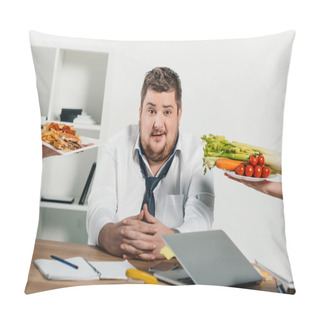 Personality  Overweight Businessman Choosing Healthy Or Junk Food At Workplace In Office Pillow Covers