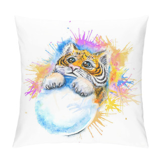 Personality  Cute Watercolor Drawing Depicting A Tiger Cub With A Snowball In Its Paws And Various Pink And Blue Patterns Around On A White Background Pillow Covers