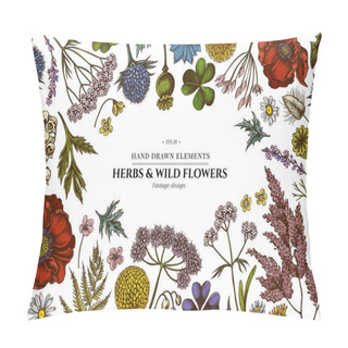 Personality  Floral Design With Colored Shepherds Purse, Heather, Fern, Wild Garlic, Clover, Globethistle, Gentiana, Astilbe, Craspedia, Lagurus, Black Caraway, Chamomile, Dandelion, Poppy Flower, Lily Of The Pillow Covers