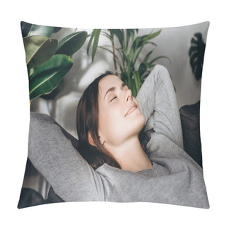 Personality  Close Up Of Tranquil Pretty Brunette Girl Relaxing On Comfy Couch In Living Room. Peaceful Young Caucasian Woman Sleeping, Reducing Stress, Enjoying Lazy Weekend Time On Sofa In Living Room At Home Pillow Covers