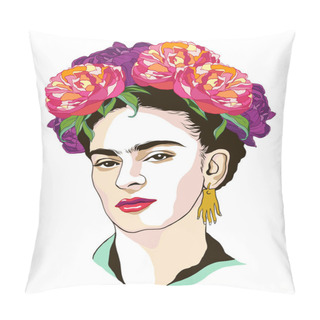 Personality  Magdalena Carmen Frida Kahlo Portrait With Wreath From Color Peonies Pillow Covers