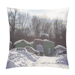 Personality  Winter Landscape With Garages And Snow-covered Cars. Frosty Day  Pillow Covers