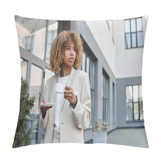 Personality  Curly African American Businesswoman Standing With Cup Of Coffee Near Entrance Of Office Building Pillow Covers