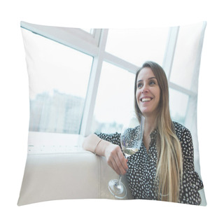 Personality  Portrait Of A Positive Woman With A Glass Of Alcohol In Her Hands At A Restaurant With A Modern Interior. Recreation Of Women's Business In An Alcohol Restaurant. Pillow Covers
