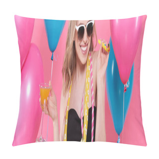 Personality  Gorgeous Trendy Young Woman In Party Outfit Celebrating Birthday. Party Mood, Balloons, Noisemaker, Cocktail And Dancing Concept On Pastel Pink Background.  Pillow Covers