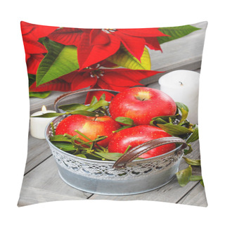 Personality  Silver Bucket Of Red Ripe Apples Among Candles On Rustic Wooden Pillow Covers