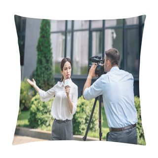 Personality  Attractive Journalist Holding Microphone And Cameraman Shooting Her Outside  Pillow Covers
