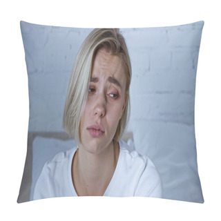 Personality  Sad Diseased Woman Frowning While Sitting In Bedroom Pillow Covers